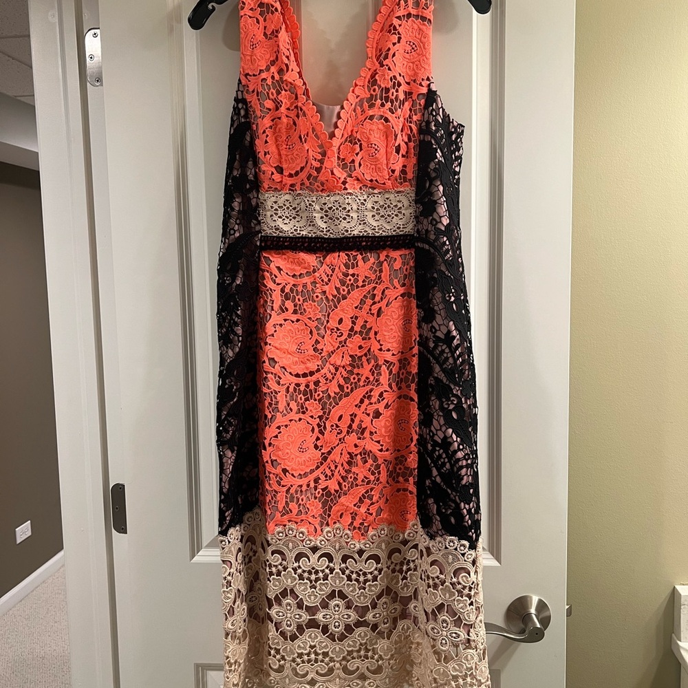 Nanette Lepore Coral and Black Lace Midi Dress